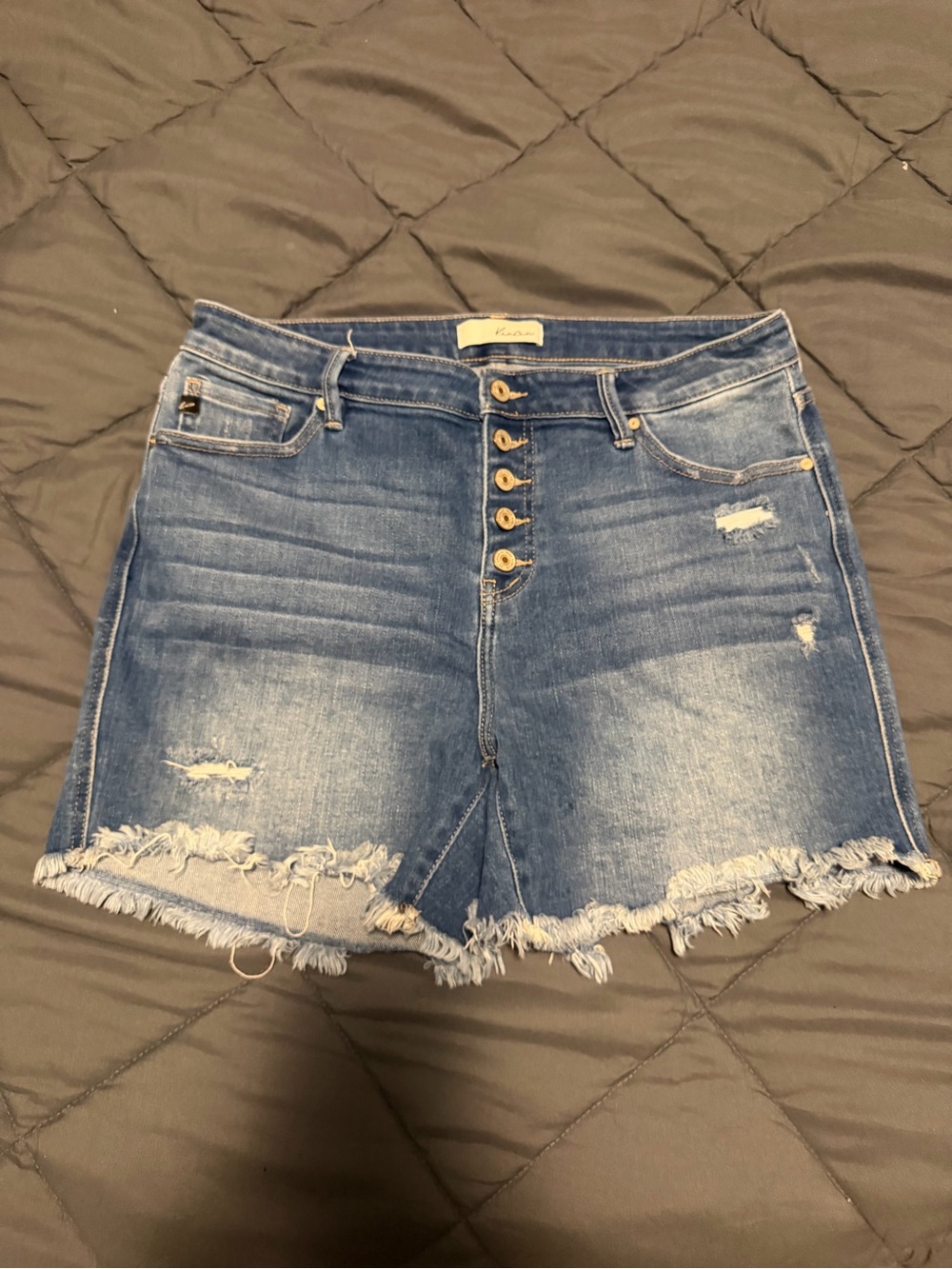 KanCan Washed Blue High-Waist Distressed Jean Shorts